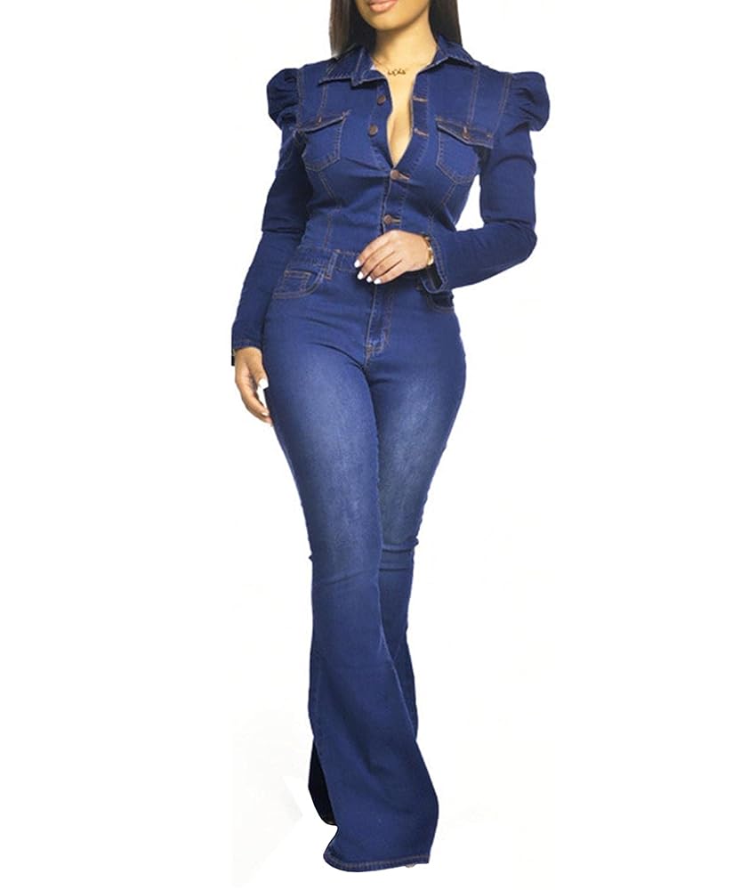 スーツ・フォーマル・ドレス Front Button Denim Jumpsuit Blue Front Button Denim Jumpsuit Blue